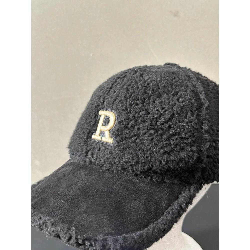 Black Borg‎ Fleece Baseball Cap Gold Embroidered R Initial Sherpa Faux Suede Hat